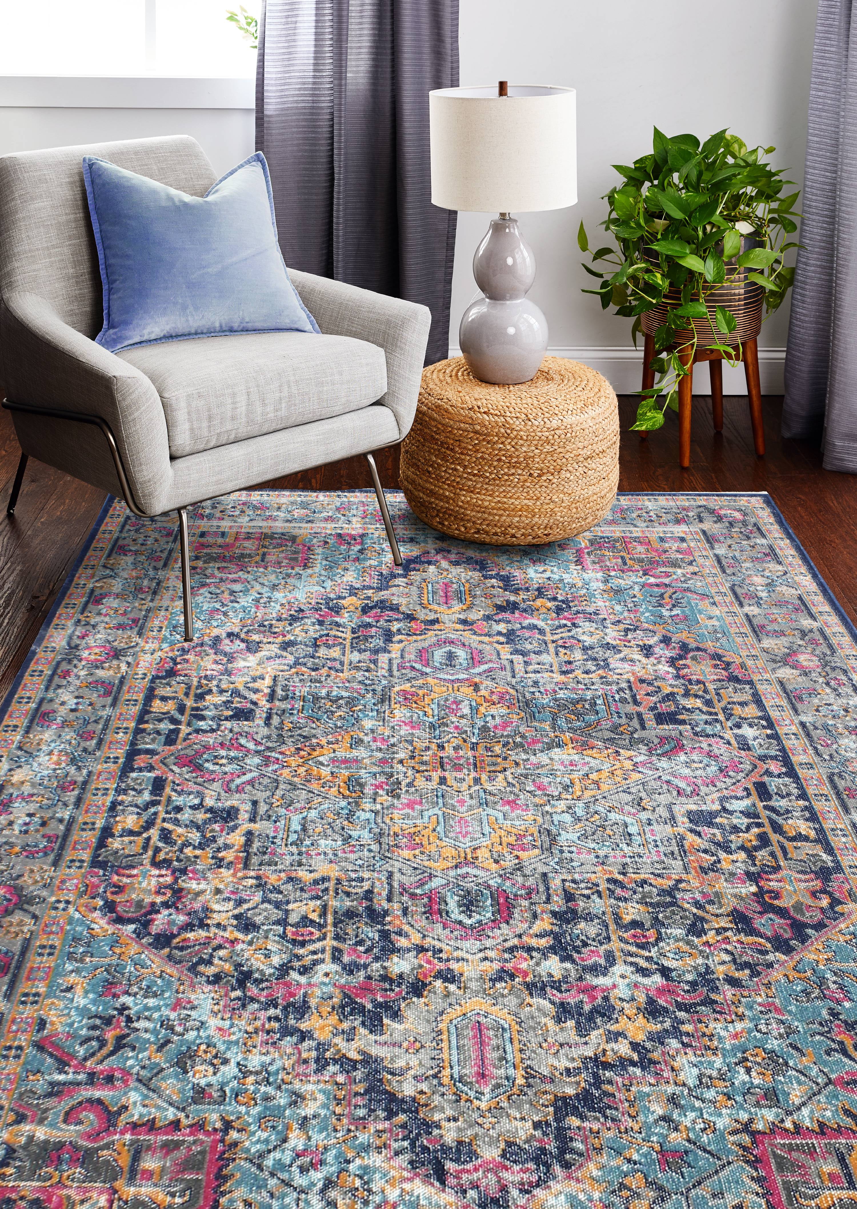 Dark Blue Cotton and Synthetic Floral Motif 5' x 7' Area Rug