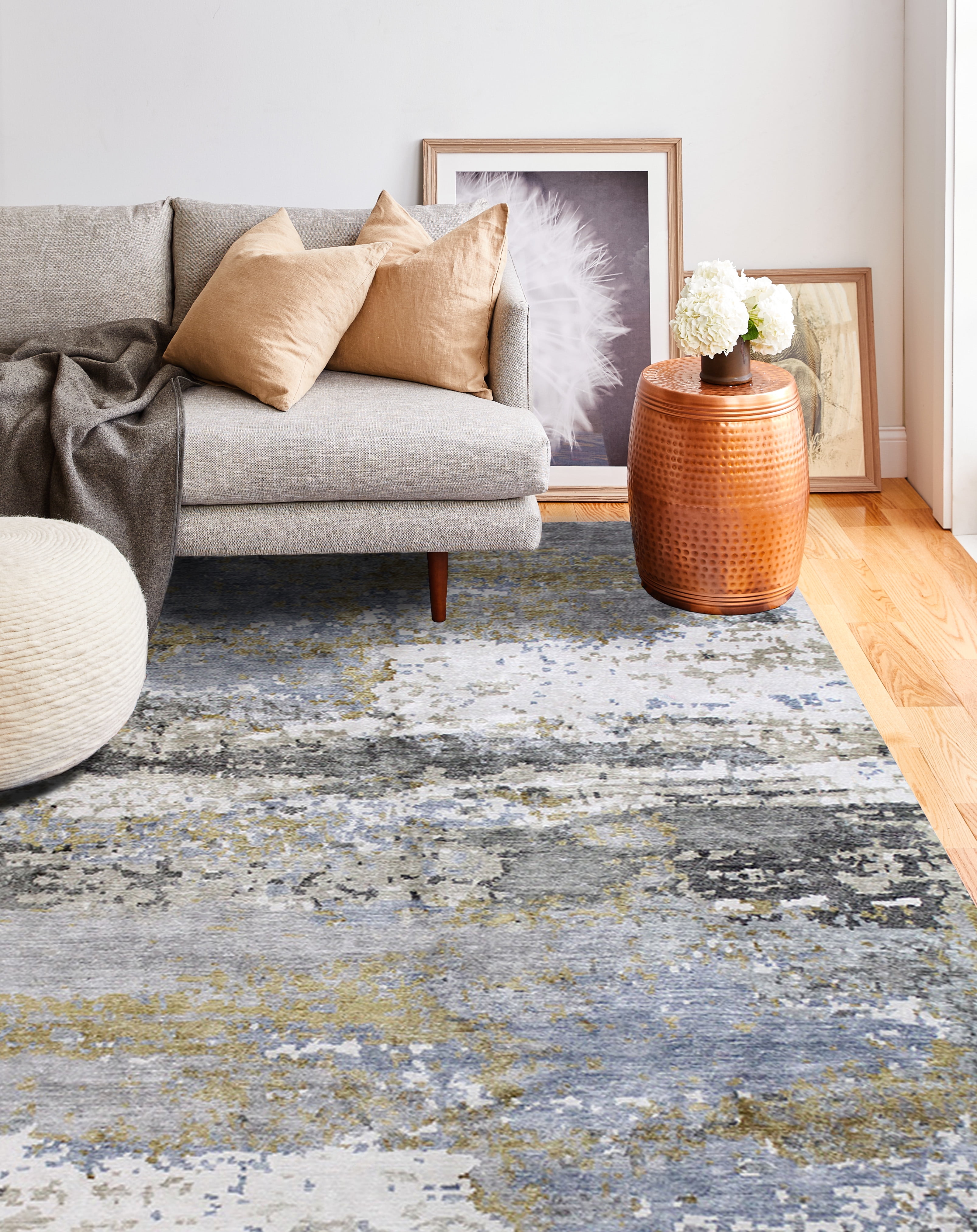 Gray Hand-Knotted Viscose Abstract 9' x 12' Rug