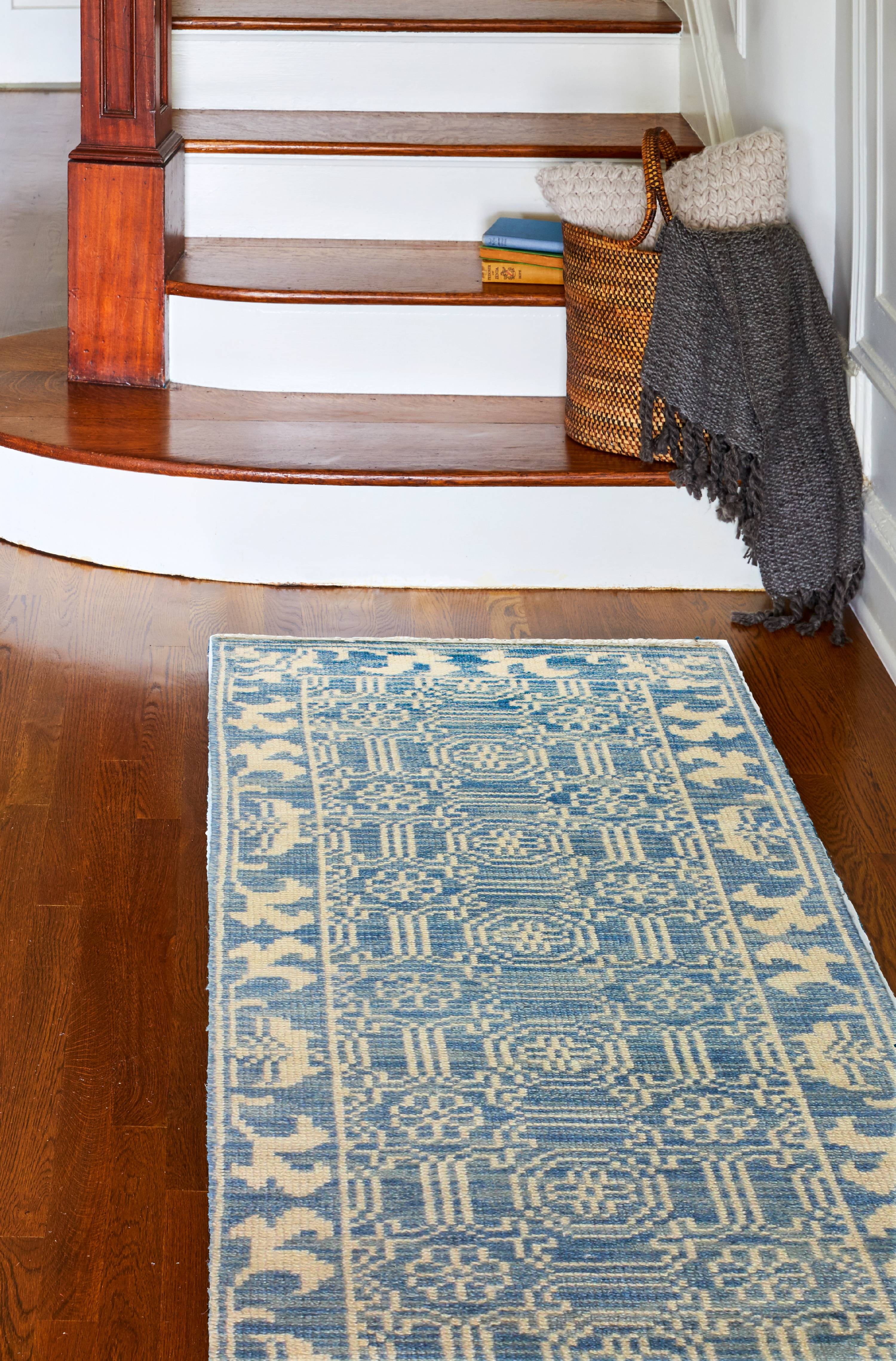 Hand-Knotted Denim Blue Wool Runner Rug, 2'6" x 8'0", Stain-Resistant