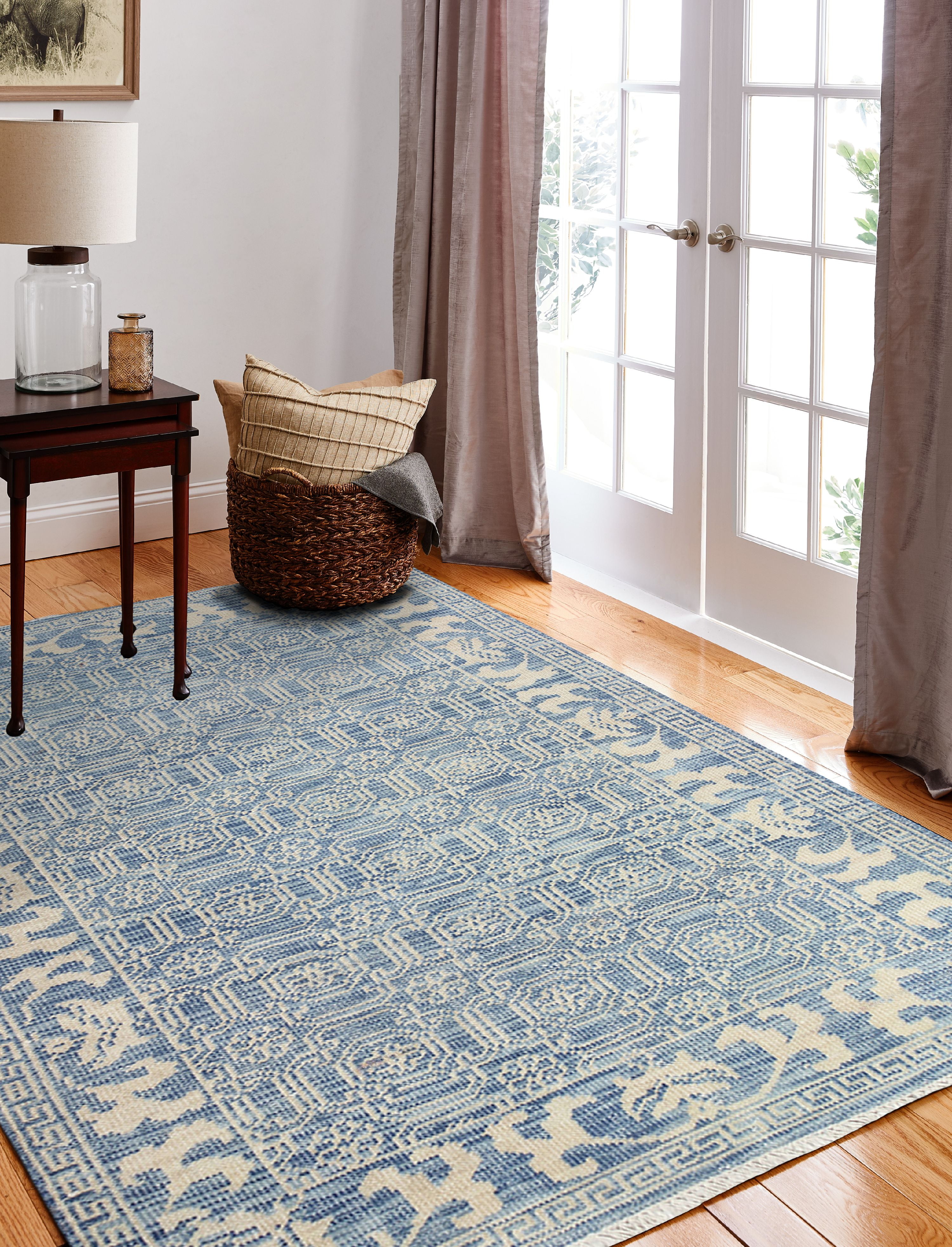 Hand-Knotted Denim Floral 9' x 12' Wool Area Rug