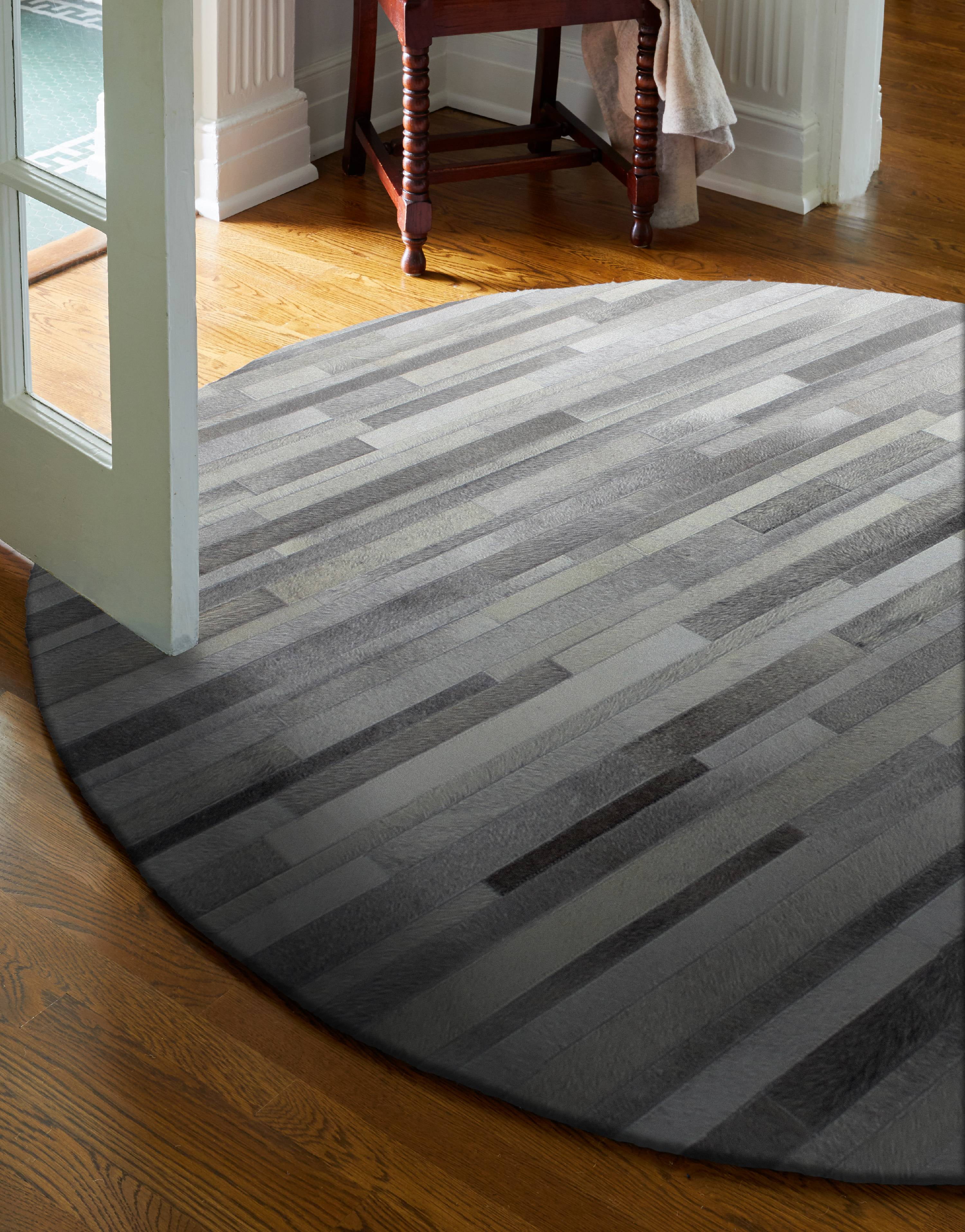 Luxurious Hand-Stitched Gray Stripe Round Cowhide Rug - 6 ft