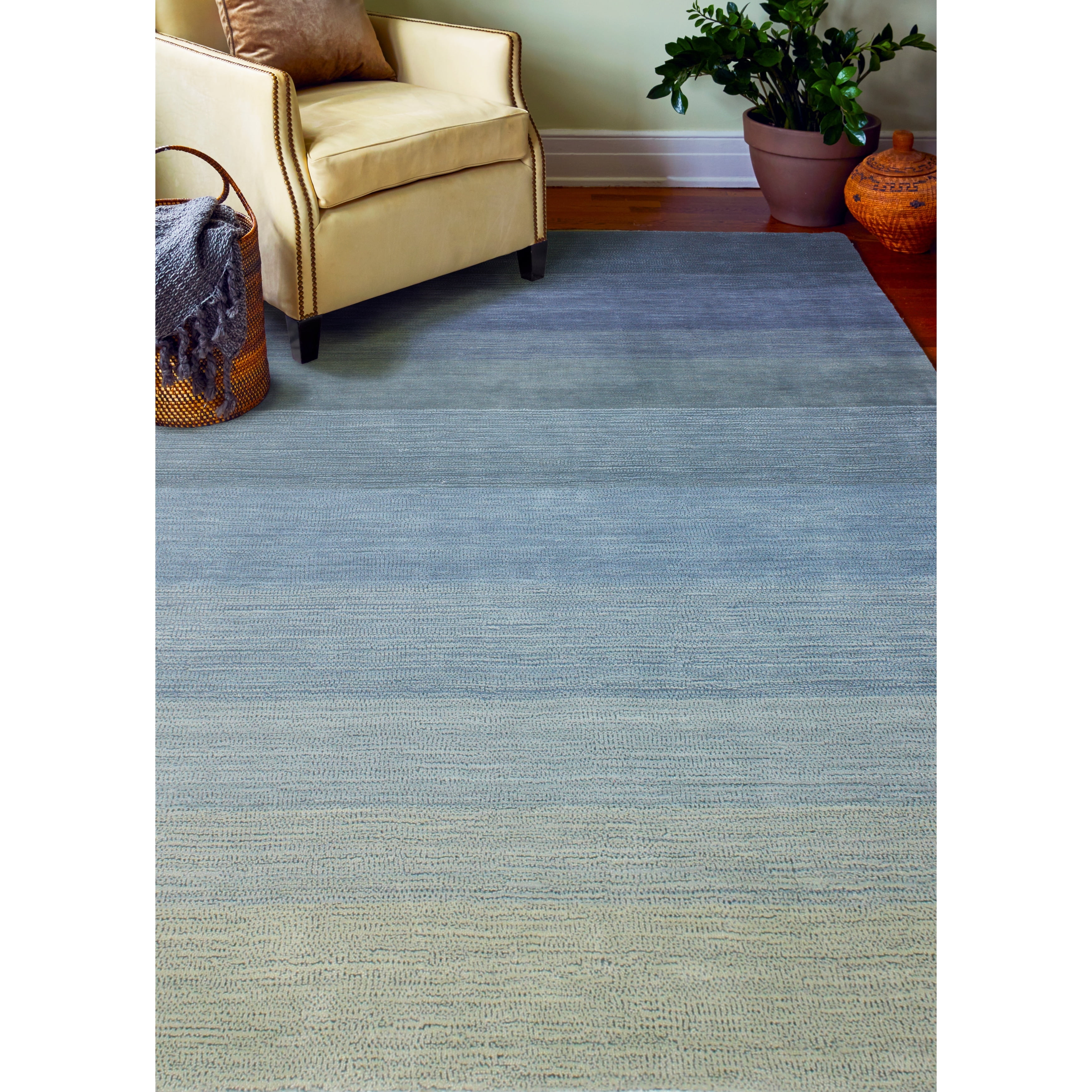 Handmade Blue Wool Tufted Stripe Rectangular Area Rug 5' x 7'