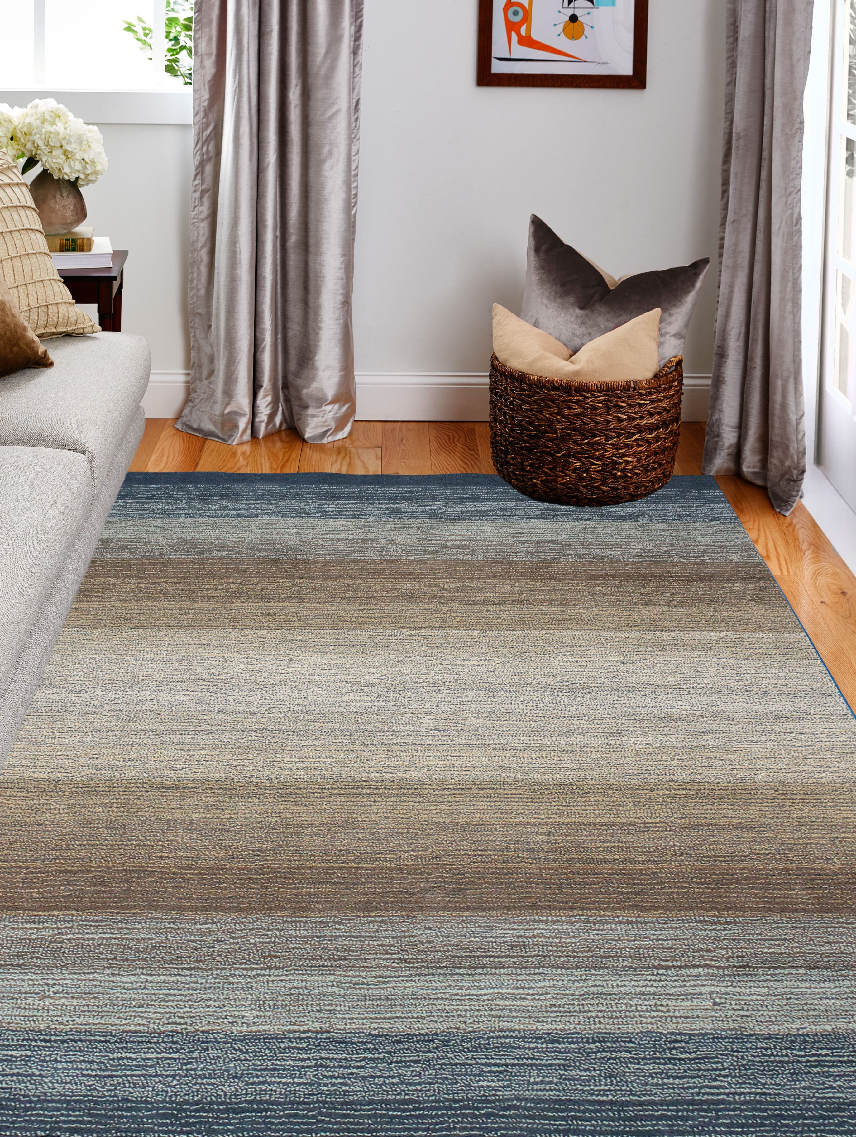Handmade Light Blue and Brown Wool Striped Area Rug, 5' x 7'