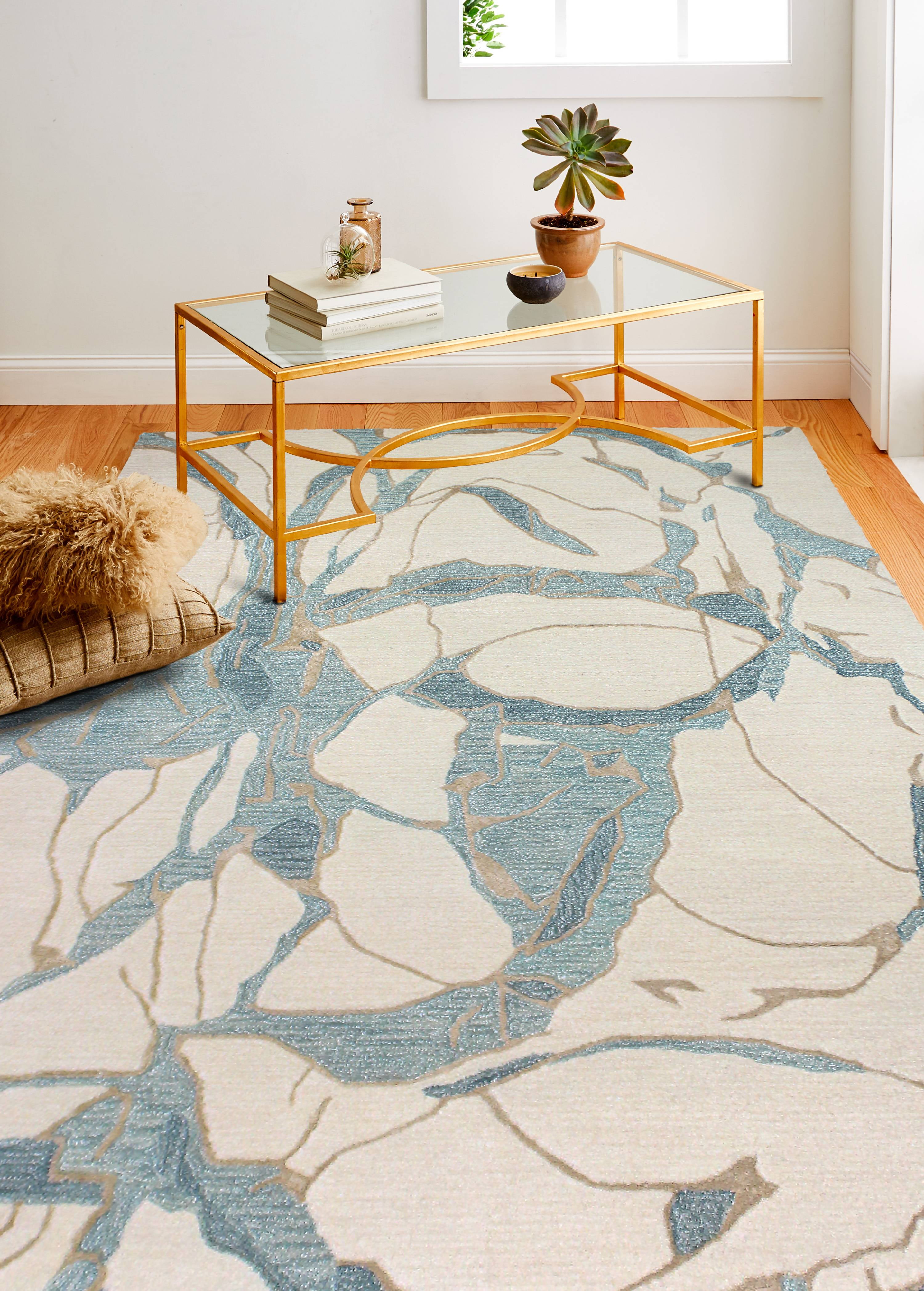 Ivory and Blue Abstract Wool and Viscose 5'6" x 8'6" Rug