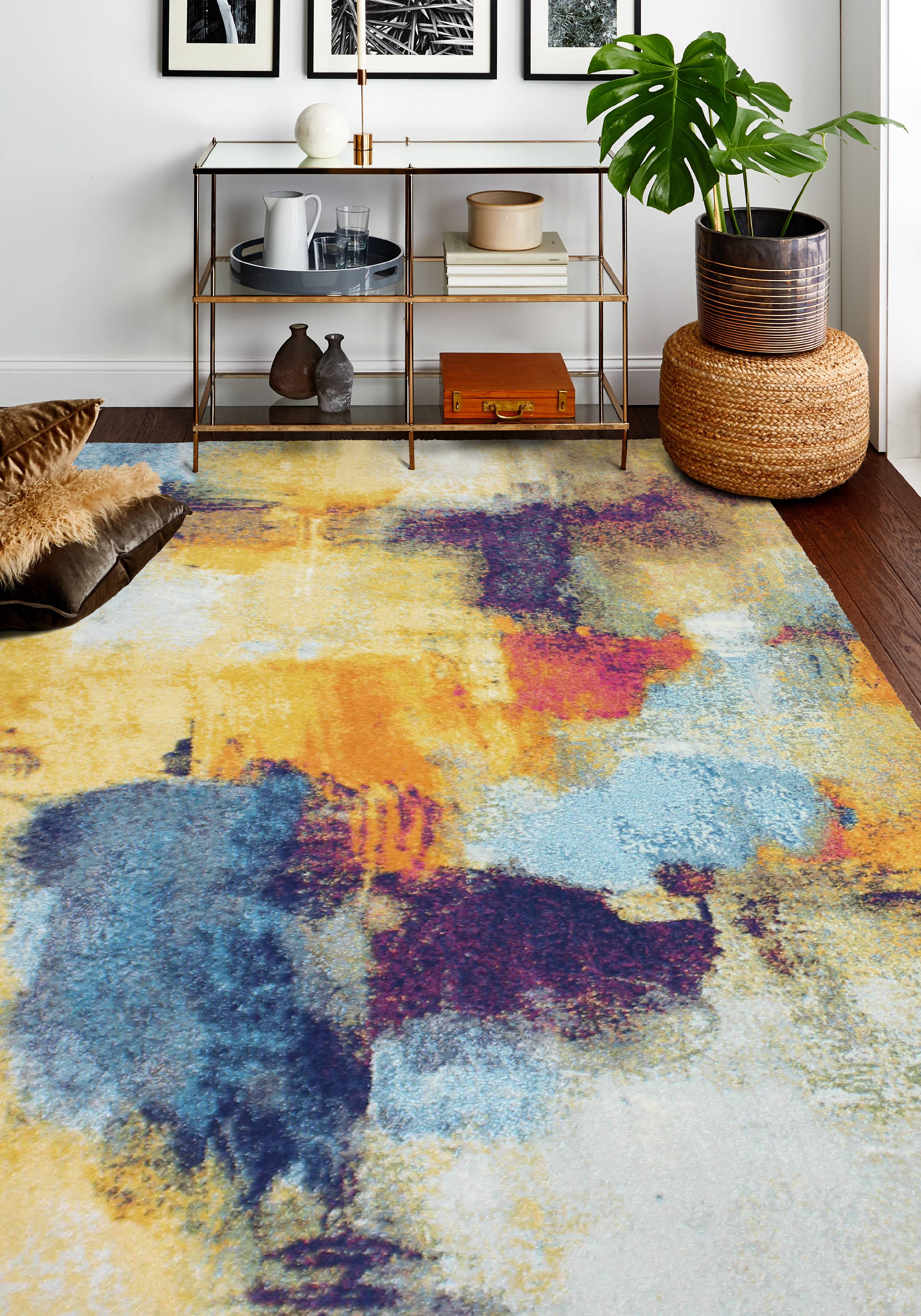 Vibrant Blue and Orange Abstract Synthetic Rectangular Rug 4' x 6'
