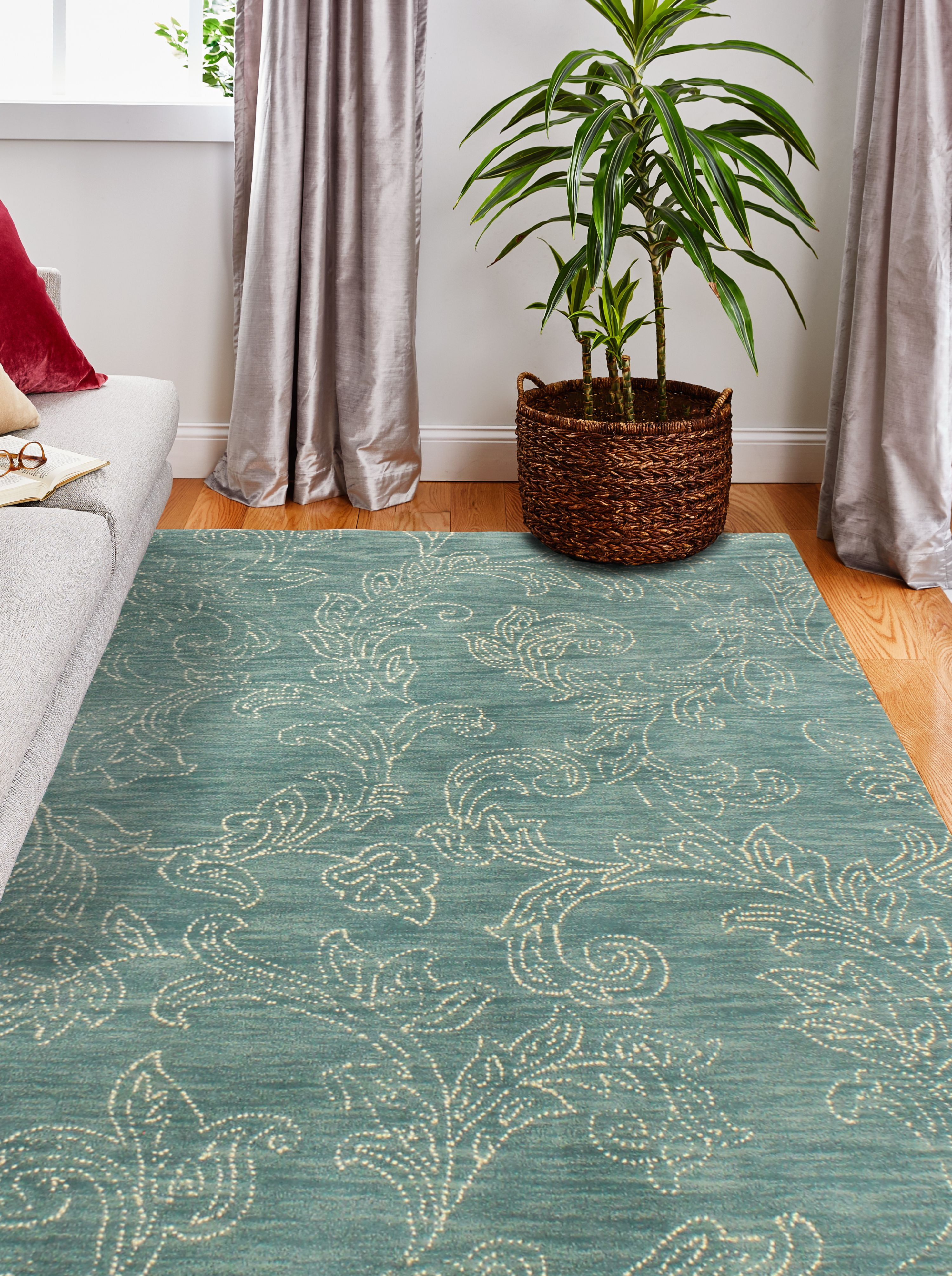 Teal and Ivory Hand Tufted Wool Rectangular Area Rug 9' x 12'