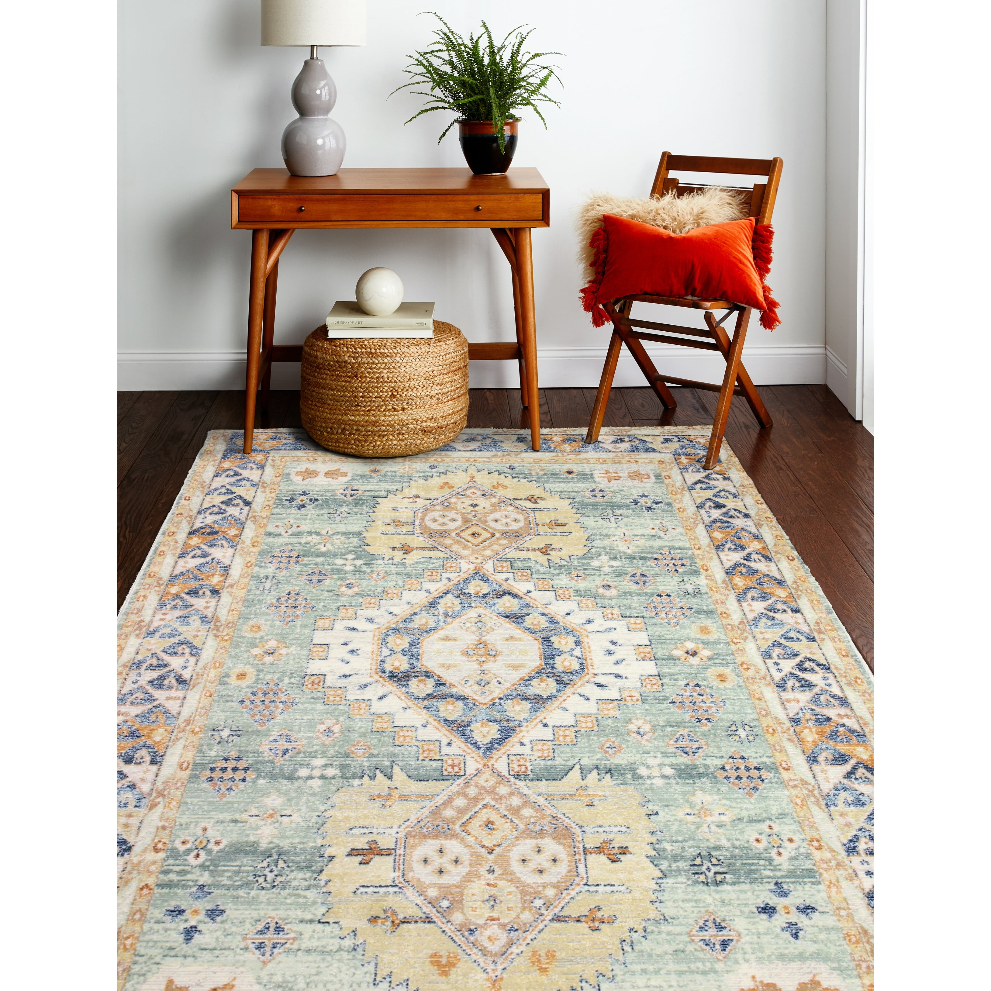 Light Blue and Beige Synthetic Runner Rug 2'6" x 8'