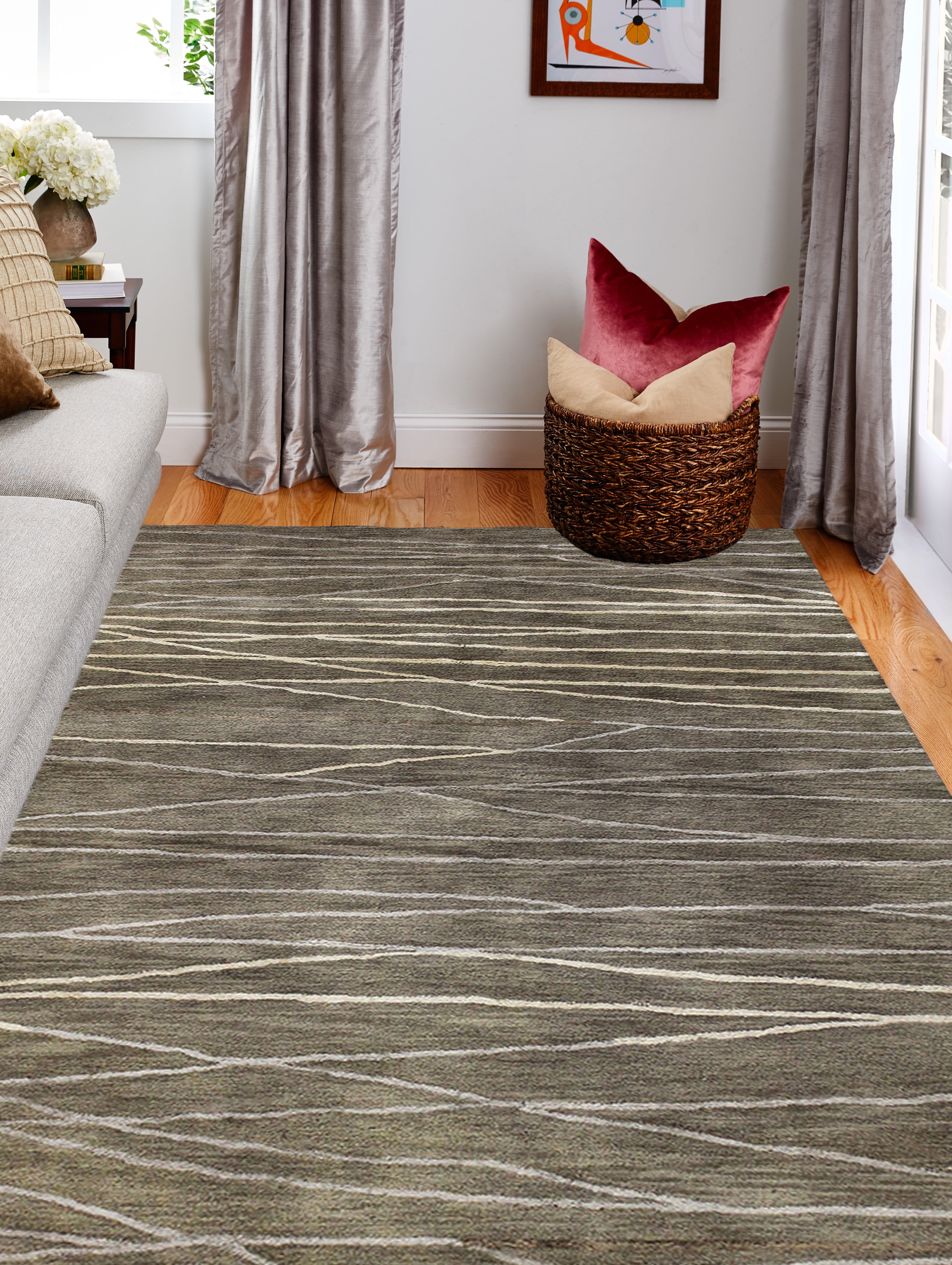 Handmade Taupe Wool and Viscose Abstract Rectangular Rug, 5'6" x 8'6"