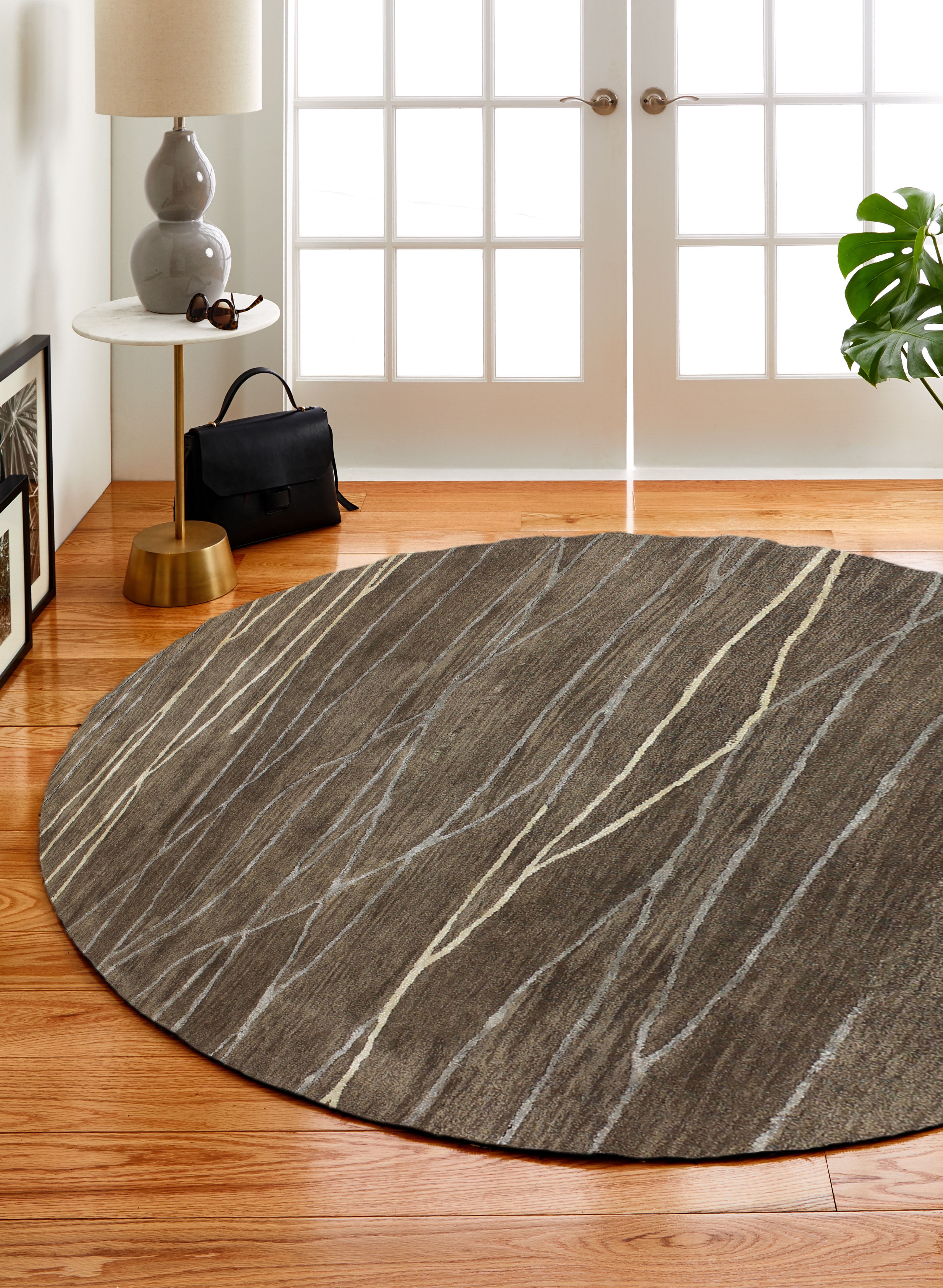 Taupe Round Handmade Wool and Viscose Area Rug