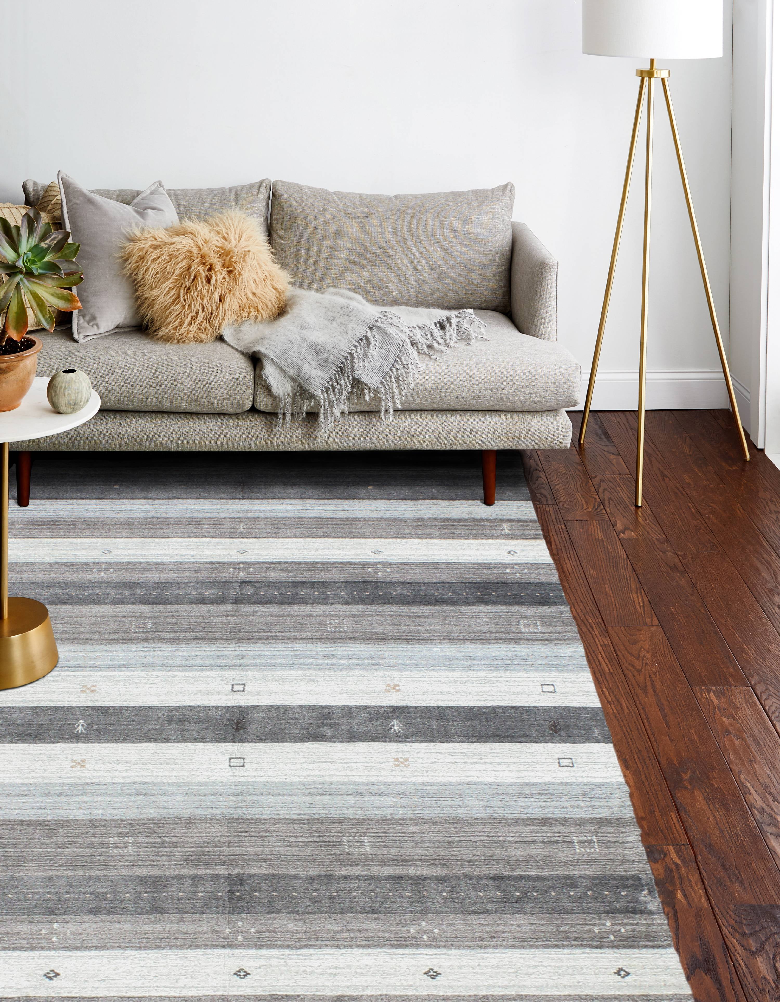Gray and White Hand-Knotted Wool and Viscose 5'6" x 8'6" Striped Area Rug