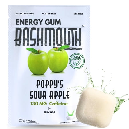 Bashmouth Energizing Gum, 130 MG Per Piece All-Natural Energy Boost, Fresh Breath, No Dyes, No Aspartame, 15 Packs 75 Servings (Sour Apple)