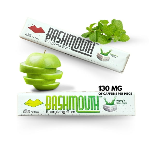 Bashmouth Energy Gum Stick 2 Pack 130 MG Caffeine Per Piece- Spearmint & Poppy's Sour Apple Flavor, All-Natural Energy Boost, Fresh Breath, No Dyes, No Aspartame