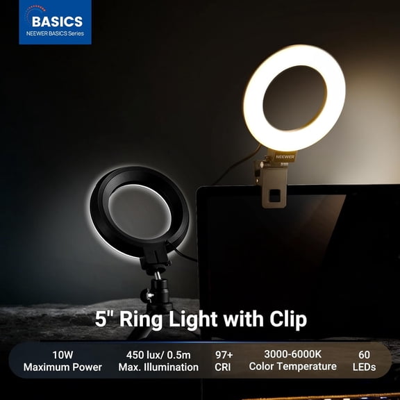 Basic 5" Ring Light for Video Conference Lighting, Clip on Light Kit with Desk Tripod Stand for Monitor Laptop Computer Call Live Streaming Remote Working Learning Video Recording, BR60