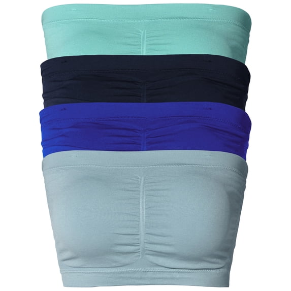 Basic 7" Seamless Padded One Size Tube Top Sports & Fitness Bra Bandeau (4PK: Ash Mint/Navy/Denim Blue/Blue Grey, One Size Fits All(S-L))