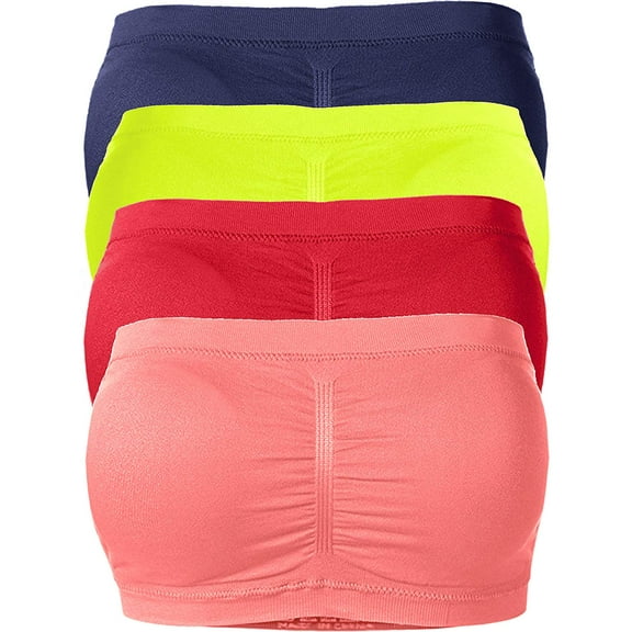 Basic 7" Seamless Padded One Size Tube Top Sports & Fitness Bra Bandeau (4Pack:Navy/Neon Lemon/Red/Coral B)