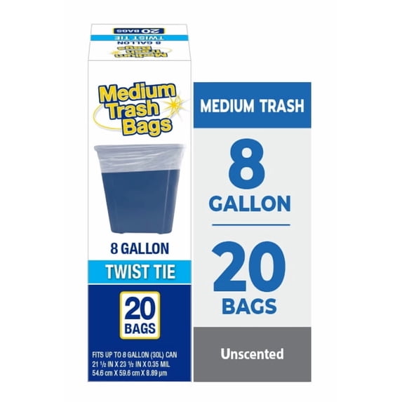 Basic Medium Trash Bags, 8 Gallon, Twist Tie, 20 Bags