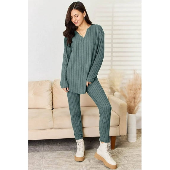 Basic Bae Full Size Notched Long Sleeve Top and Pants Set - Rosa Apparel