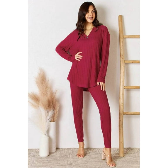 Basic Bae Full Size Notched Long Sleeve Top and Pants Set - Rosa Apparel