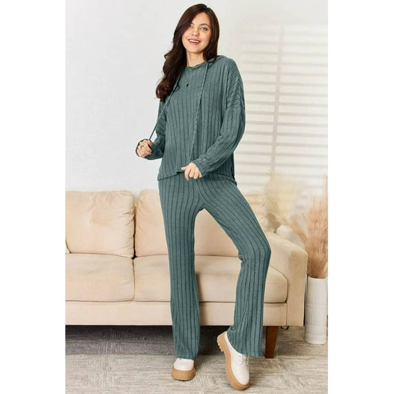 Basic Bae Full Size Ribbed Drawstring Hood Top and Straight Pants Set - Rosa Apparel