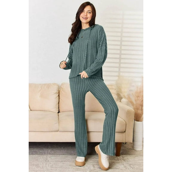 Basic Bae Full Size Ribbed Drawstring Hood Top and Straight Pants Set - Rosa Apparel