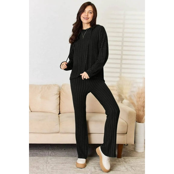 Basic Bae Full Size Ribbed Drawstring Hood Top and Straight Pants Set - Rosa Apparel