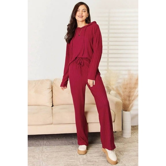 Basic Bae Full Size Ribbed Drawstring Hood Top and Straight Pants Set - Rosa Apparel
