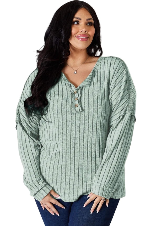 Basic Bae Full Size Ribbed Half Button Long Sleeve T-Shirt