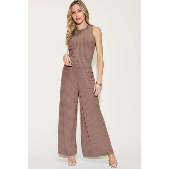 Basic Bae Full Size Ribbed Tank and Wide Leg Pants Set - Rosa Apparel