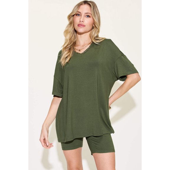 Basic Bae Full Size V-Neck Drop Shoulder T-Shirt and Shorts Set for Women