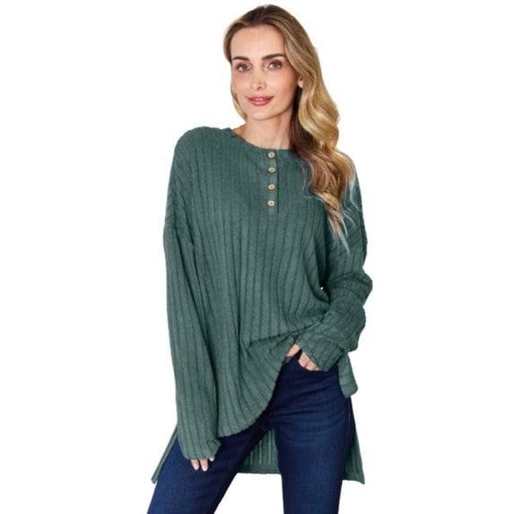 Basic Bae Ribbed Half Button High Low T Shirt Women’s Stylish Long Sleeve Casual Top