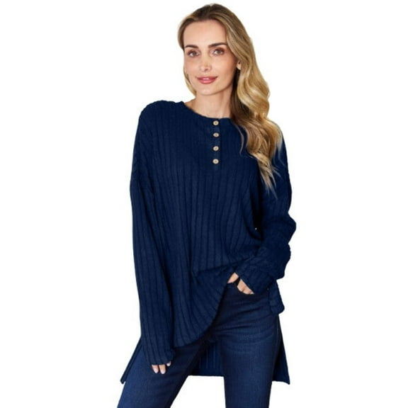 Basic Bae Ribbed Half Button High Low T Shirt Women’s Stylish Long Sleeve Casual Top
