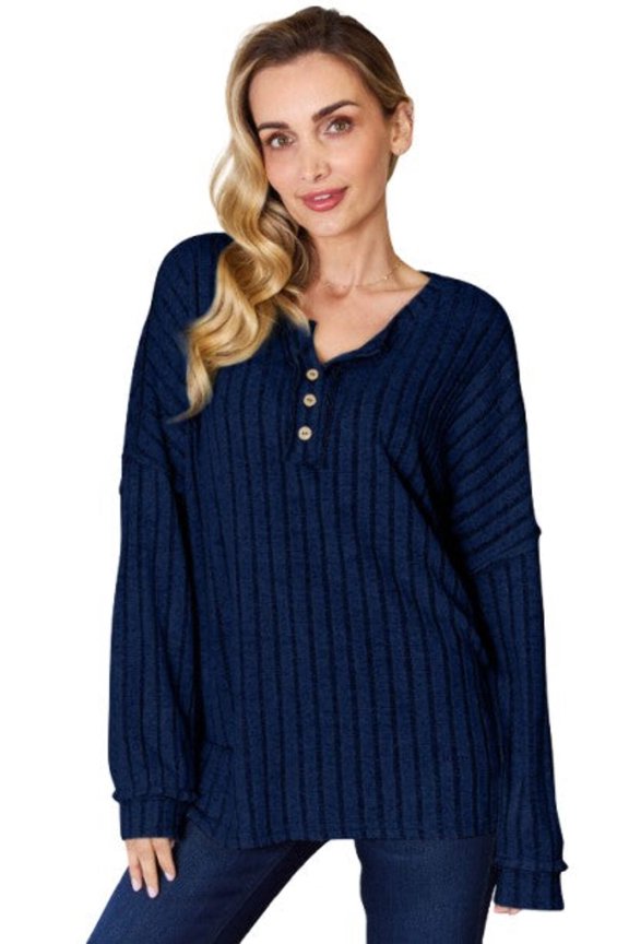 Basic Bae Ribbed Half Button T-Shirt Women’s Long Sleeve Stylish Comfortable Casual