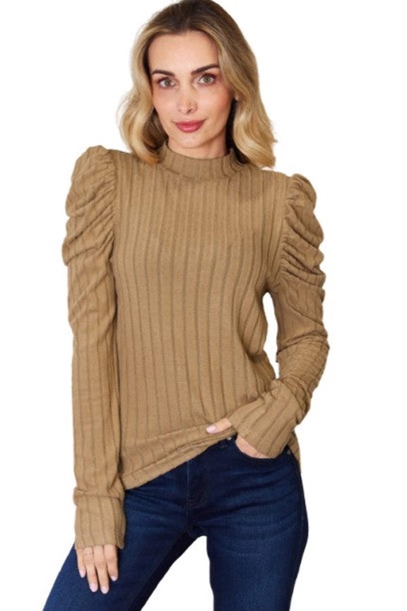 Basic Bae Ribbed Mock Neck T-Shirt Women’s Puff Sleeve Stylish Comfortable Trendy Top