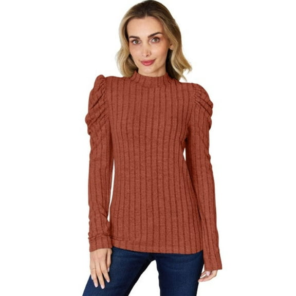 Basic Bae Ribbed Mock Neck T-Shirt Women’s Puff Sleeve Stylish Comfortable Trendy Top