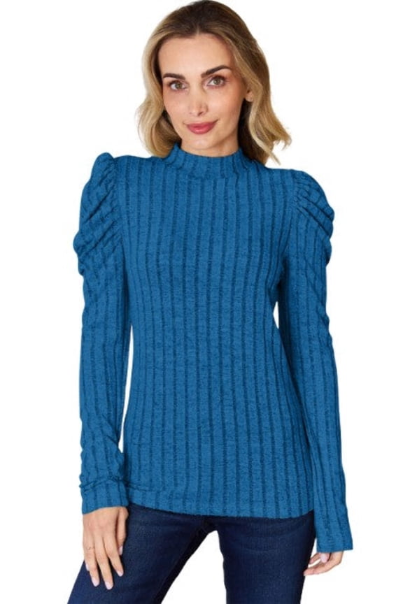 Basic Bae Ribbed Mock Neck T-Shirt Women’s Puff Sleeve Stylish Comfortable Trendy Top