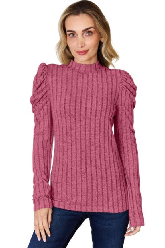 Basic Bae Ribbed Mock Neck T-Shirt Women’s Puff Sleeve Stylish Comfortable Trendy Top