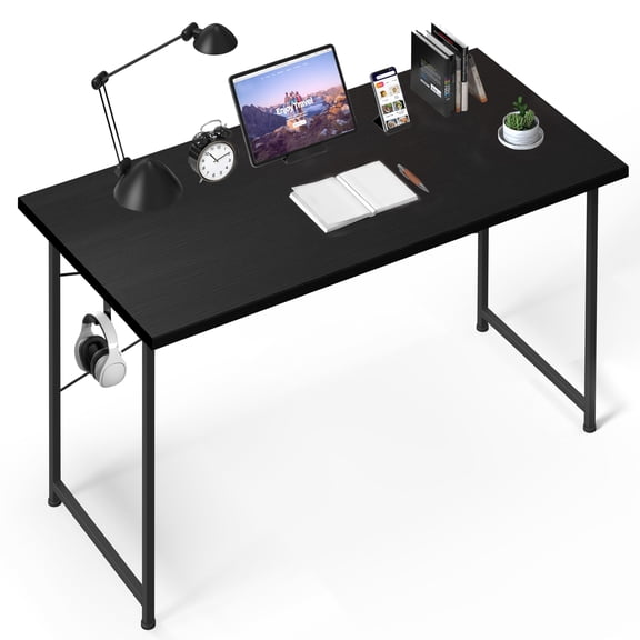 Basic Black Computer Desk For Home Office Study Writing Modern Simple Table With Headphone Hooks