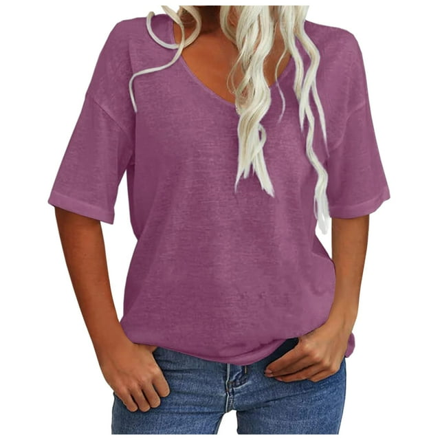 Basic Blouses for Women Short Sleeve Round Neck Solid Color Regular Fit