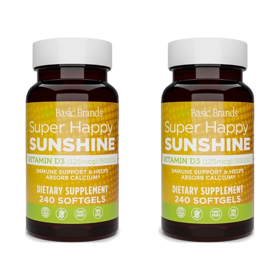 Basic Brands Happy Sunshine Vitamin D3 5000 IU for Bone & Immune Health, 240 Count (2 Pack)