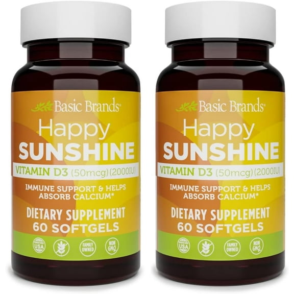 Basic Brands Happy Sunshine Vitamin D3 Supplement, 2000 IU, Immune & Bone Support, 60 Softgels 2Pack