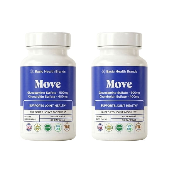 Basic Health Brands MOVE Pureflex Glucosamine Sulfate & Chondroitin Sulfate, Joint Health, 60 Count, 2Pack