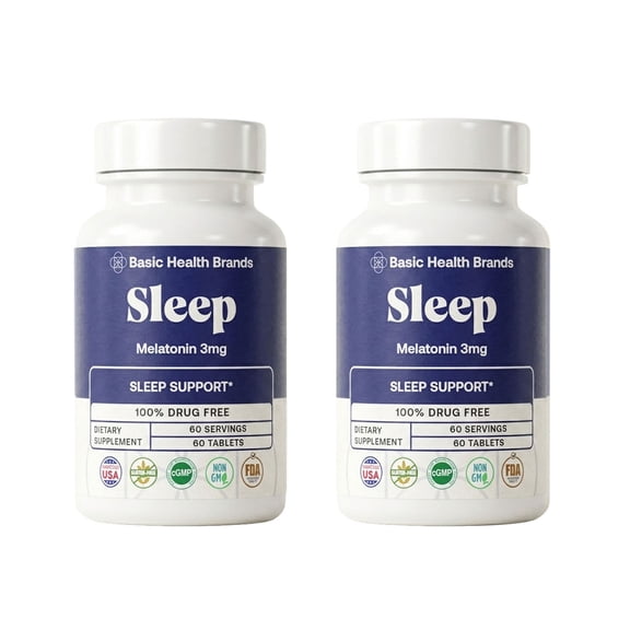 Basic Health Brands SLEEP Melatonin - Vegan, Non-GMO, Gluten-Free for Insomnia Relief, 60 Tablets (2 Pack)