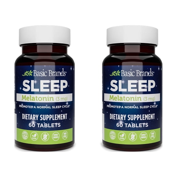 Basic Health Brands SLEEP Melatonin - Vegan, Non-GMO, Gluten-Free for Insomnia Relief, 60 Tablets (2 Pack)