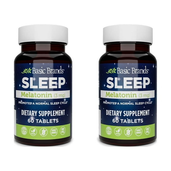Basic Health Brands SLEEP Melatonin - Vegan, Non-GMO, Gluten-Free for Insomnia Relief, 60 Tablets (2 Pack)