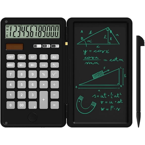 Basic Calculator with LCD Writing Tablet, 12 Digits Display Handheld Pocket Size Portable Solar Powered Calculadoras for School Office Home Work, Black