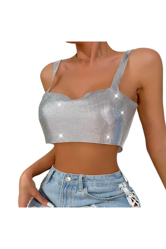 Basic Camisole For Women Tanks Tops Festival Shiny Metallic Deep V Neck Outwear Metal Sleeveless Basic Casual Undershirt