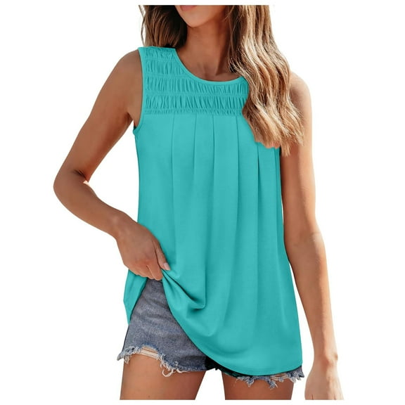 Basic Camisole For Women Tanks Tops Pleated Crew Neck For Ruched Loose Summer Casual Basic Slim Fit Top Shirt Clothes