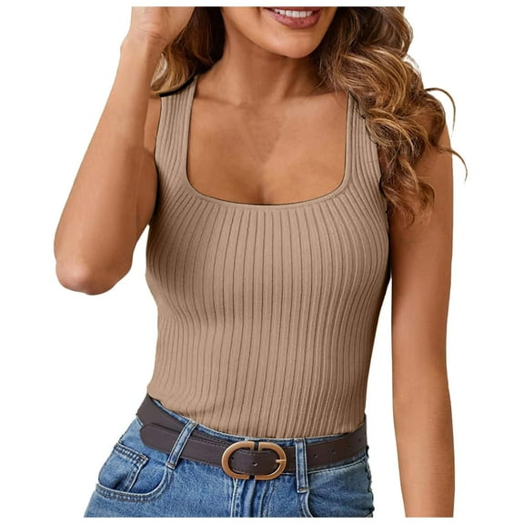 Basic Camisole For Women Tanks Tops Ribbed 2025 Neck Slim Fitted Knit Stretch Slim Undershirt