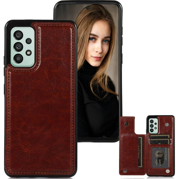 Basic Case for Samsung Galaxy A53 with Card Holder & Kickstand, Minimalist Luxury PU Leather Magnetic Closure Protective Wallet Case Cover for Samsung Galaxy A53 Brown-SK
