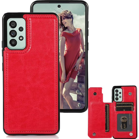Basic Case for Samsung Galaxy A73 with Card Holder & Kickstand, Minimalist Luxury PU Leather Magnetic Closure Protective Wallet Case Cover for Samsung Galaxy A73 Gules-SK
